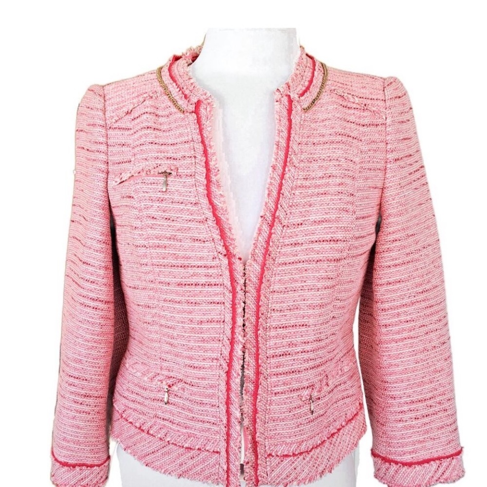 ✨ WHBM Pink Tweed Cropped Blazer Gold Chain & Fringe Detail Sz 2